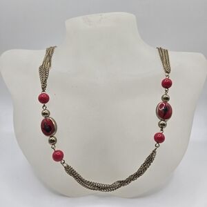 VTG Elegant Red and Gold Necklace Long Chain